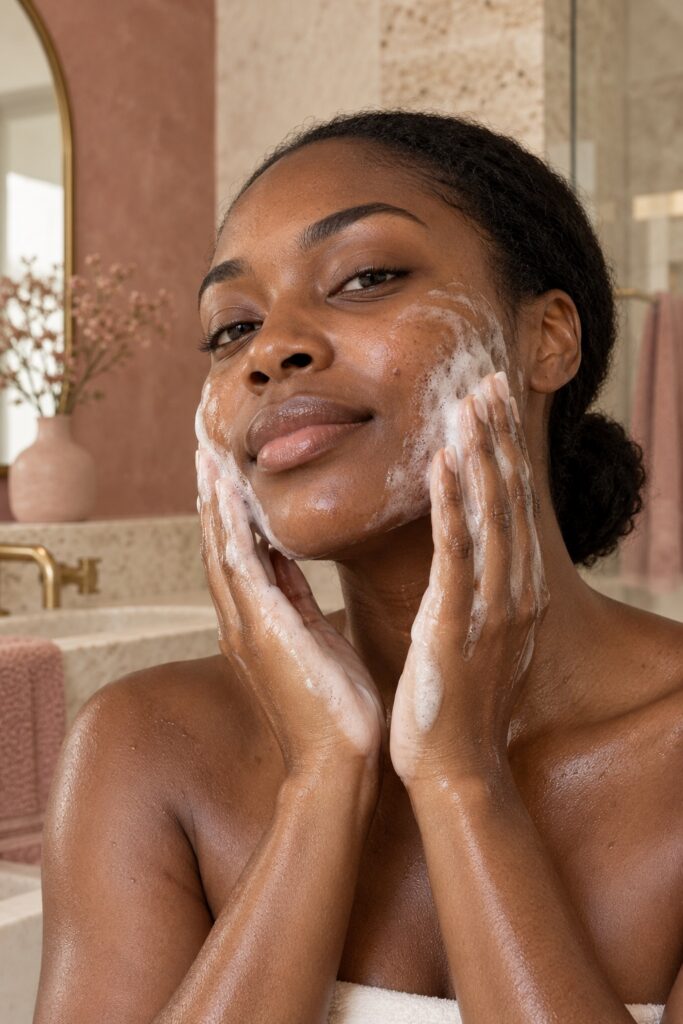 Black woman gently cleansing her face in a warm rose and cream bathroom