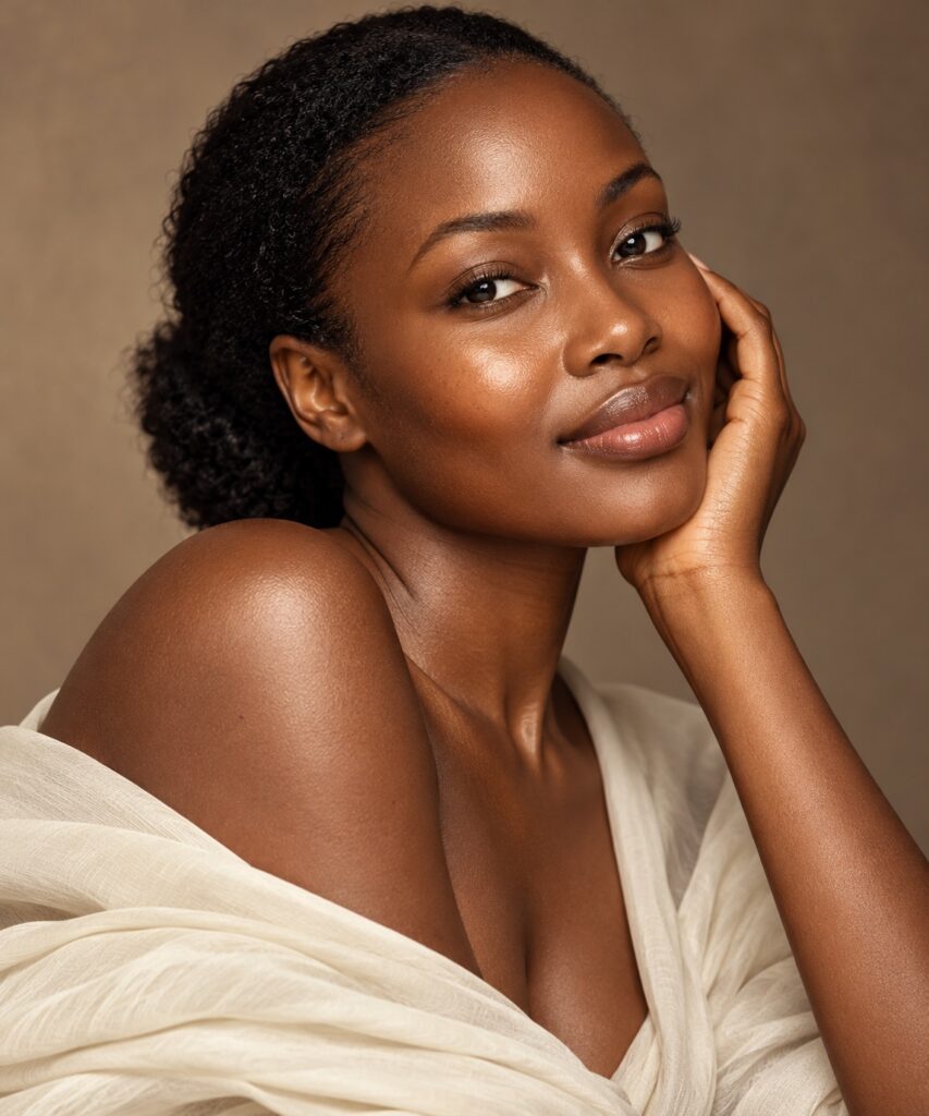 Portrait of a Black woman with natural skin texture against a warm taupe backdrop