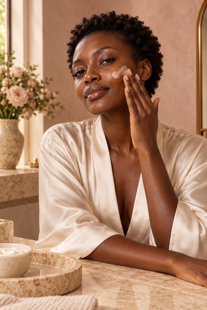 Black woman applying moisturizer at an elegant cream stone vanity
