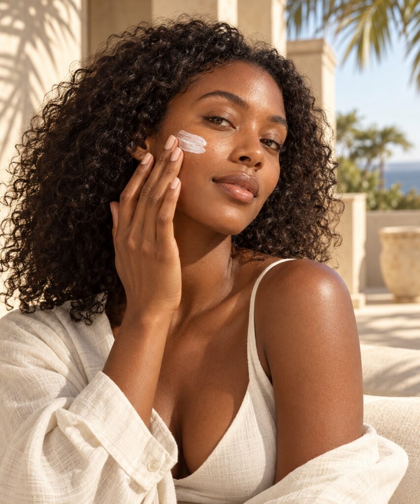 Black woman applying sunscreen on a sunlit cream stone terrace